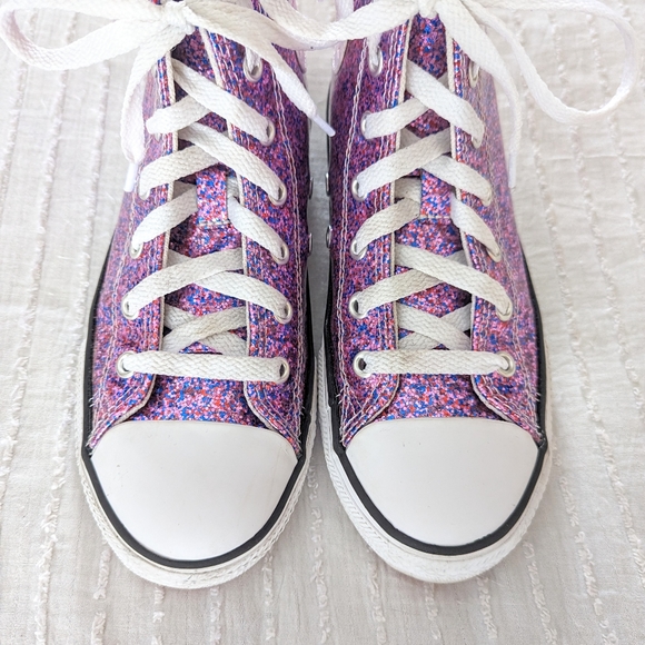 SOLD Girls Pink & Purple Coated Glitter Chuck Taylor All Star Hi Tops Sneakers - Picture 2 of 8